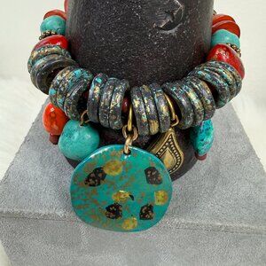 Chunky Faux Turquoise Plastic Stretch Cha Cha Bracelet 6.75"